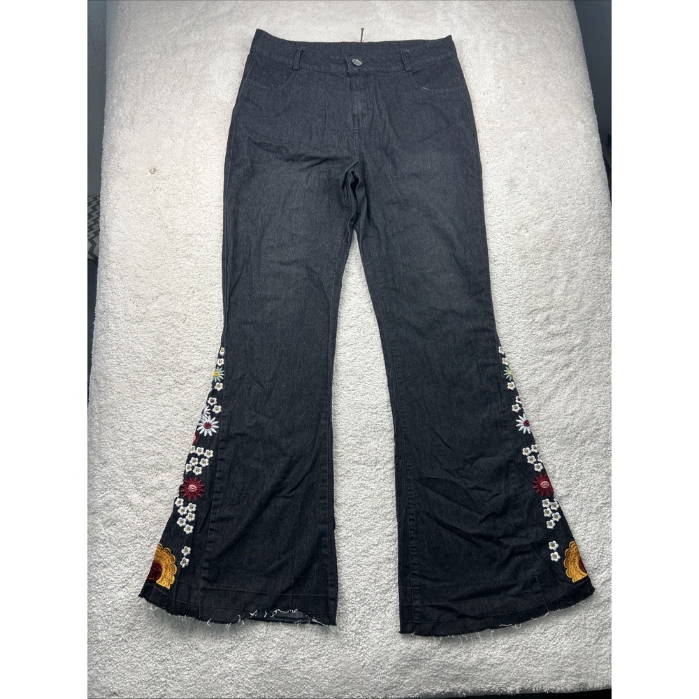 Cupro Bronamina Womens Boho Hippie Floral Embroidered Jeans Size L Bell Bottom